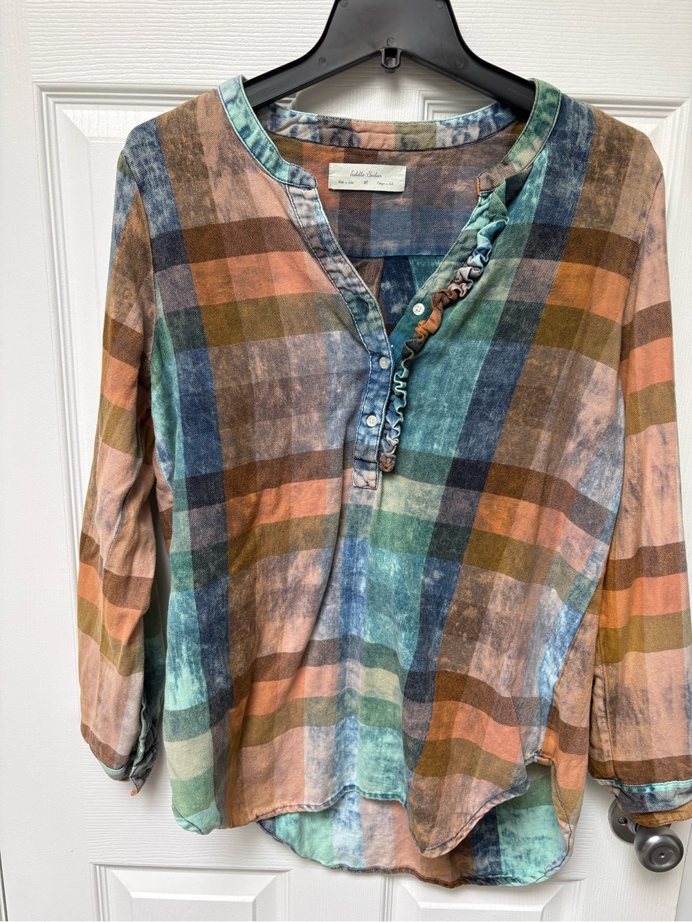 Anthropologie Multicolor Plaid Henley Tunic - Blue, Green, Orange, Brown